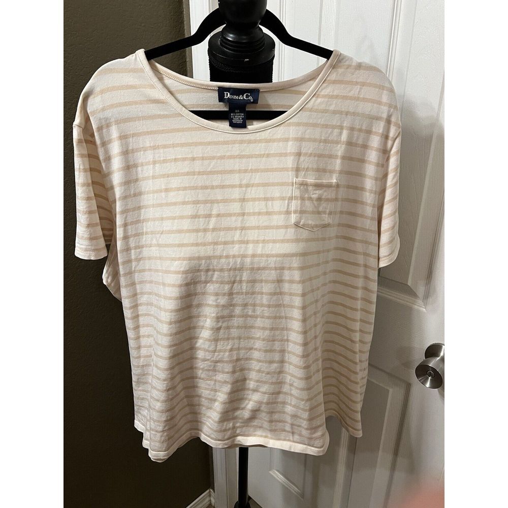 Denim & Co Shirt‎ Tan Striped  3X Short Sleeves EUC